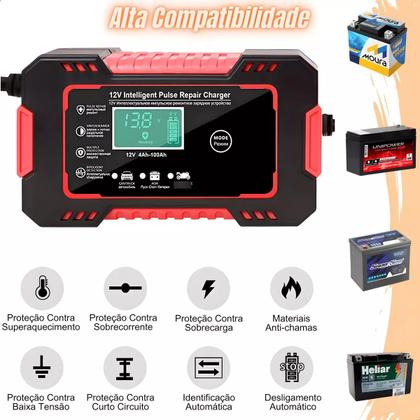Carregador de Bateria 12V Inteligente para Carros e Motos com Visor LCD