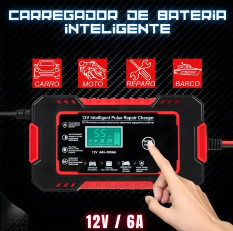 Carregador de Bateria 12V Inteligente para Carros e Motos com Visor LCD