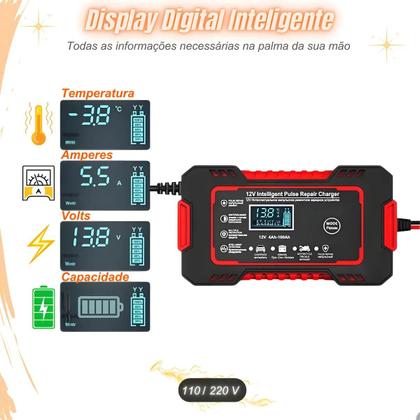 Carregador de Bateria 12V Inteligente para Carros e Motos com Visor LCD